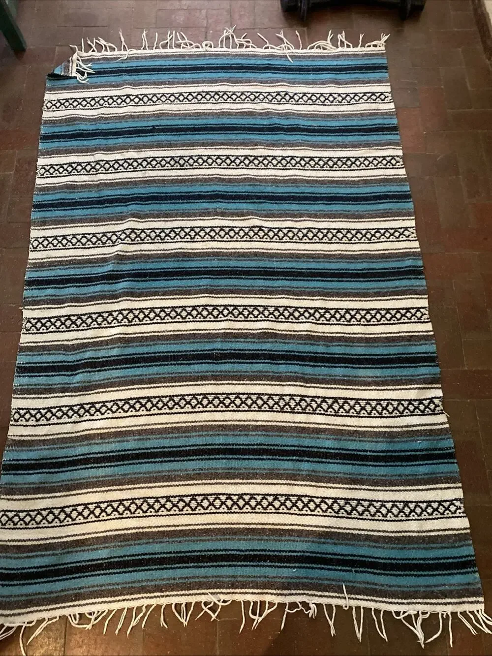 Turquoise Blue White Black Gray Western Blanket Falsa Fringed Throw 75” X 52”